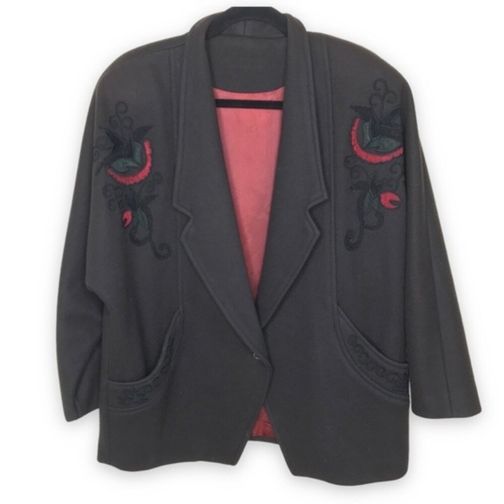 Vintage Esmode Wool Coat Embroidered Applique Abstract Floral Black Red Large